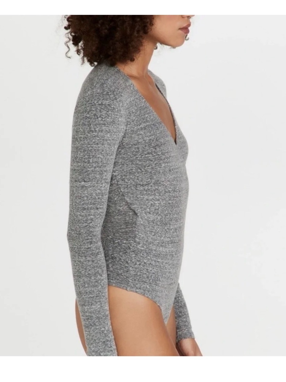 Madewell Grey V-Neck Ribbed Long-Sleeve Bodysuit